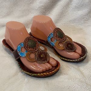 Corkys Antiqua Leather Hand-Painted Boho Toe Post Thong Sandals Size 7 VGC
